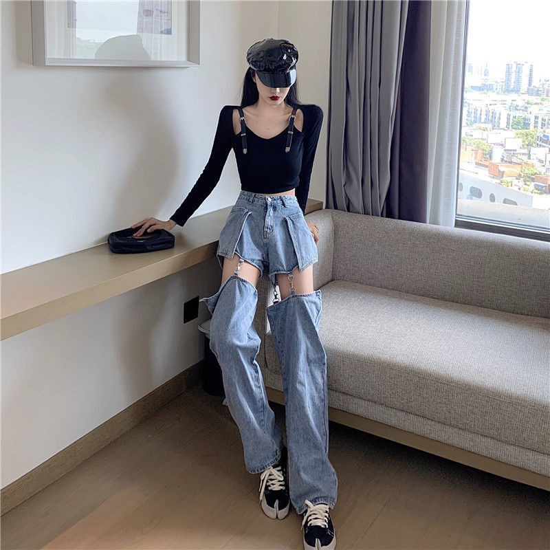 Suhao Celana Jeans Wanita Straight Slip Pants Musim Semi Desain Baru Dua Arah Dilepas Celana Pendek