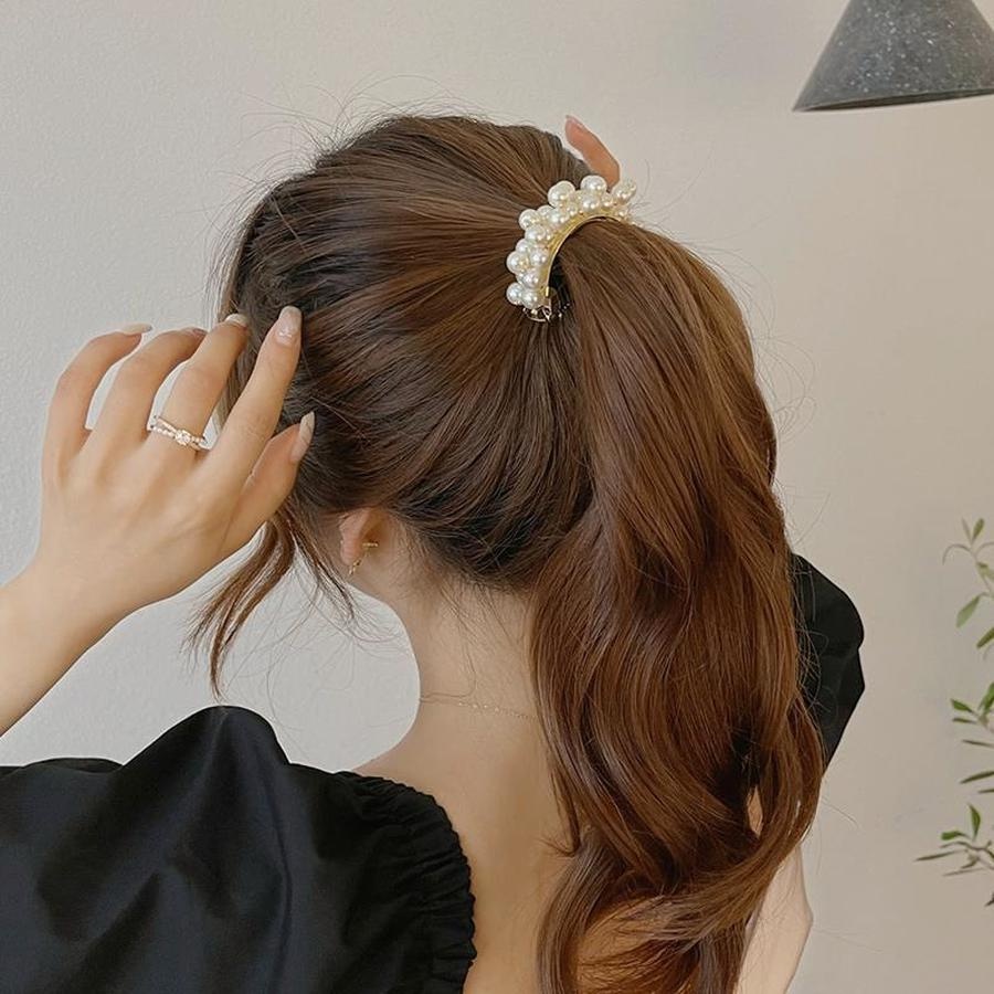 Jepit Rambut Ponytail Bahan Alloy Aksen Mutiara Gaya Korea Untuk Wanita