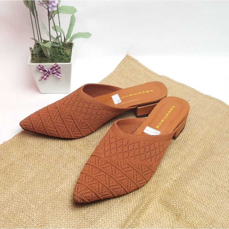 Kayzineva Sepatu Wanita Slip On Mules Rajut Import Hak 3cm