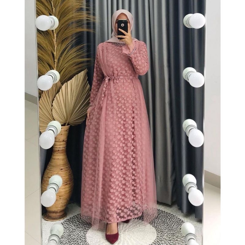 Gamis Ozias Sera Polkadot premium Gamis pesta tile mewah Gamis Lebaran mutiara mymyfashion