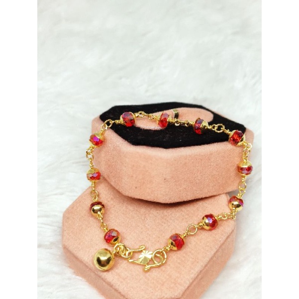 GELANG ANAK PERAK 925 LAPIS MAS 24K KRISTAL BATU MERAH