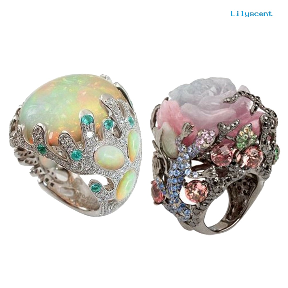 Lilyscent Women Multicolor Big Oval Faux Moonstone Carved Flowers Finger Ring Jewelry