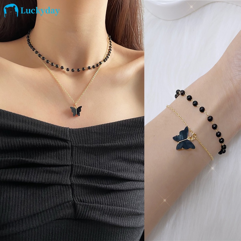 YEEZII Kalung Gelang Rantai Liontin Kupu-Kupu Warna Hitam Untuk Wanita