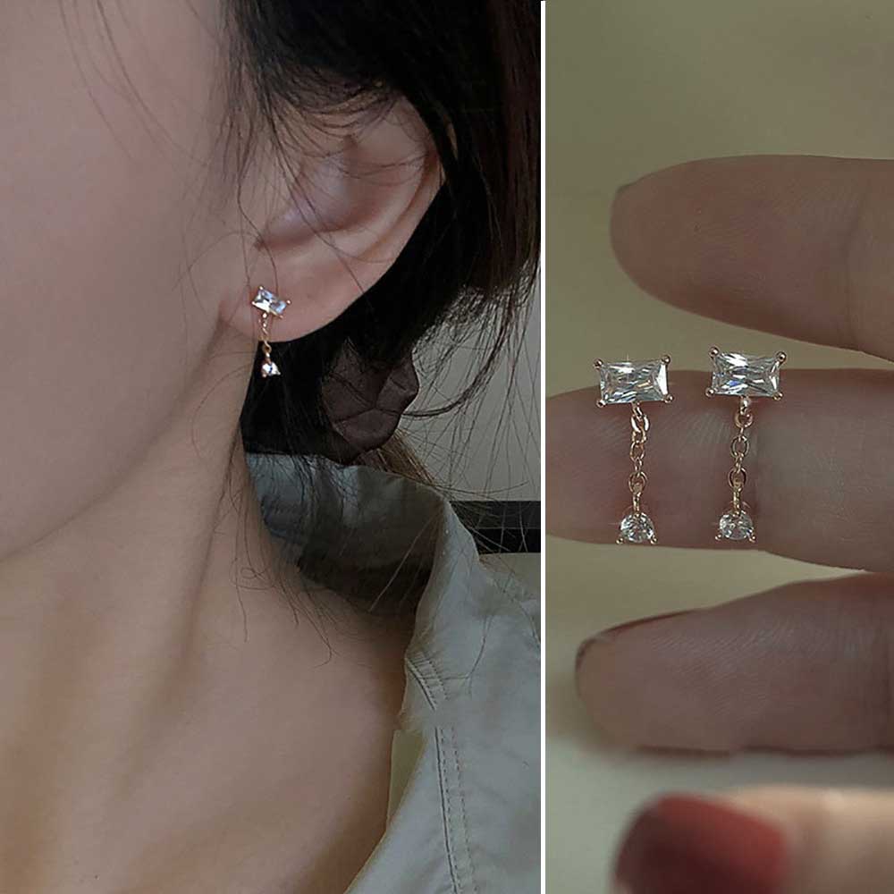 Anting Tusuk Gantung Bahan Sterling Silver 925 Hias Kristal / Berlian / Zircon Gaya Korea Untuk Wanita