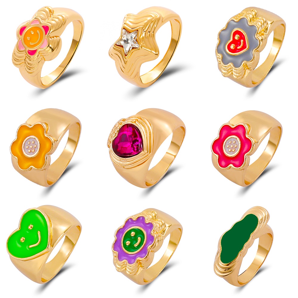 Cincin Jari Telunjuk Desain Bunga Hati Geometris Bahan Logam Gaya Eropa Amerika