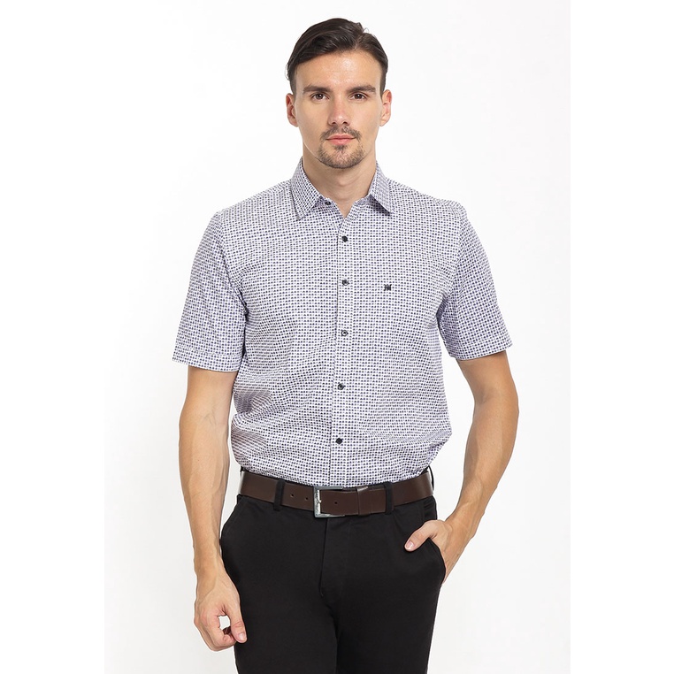 Johnwin - Kemeja Formal - Kemeja Pria - Kemeja Lengan Pendek - Slim Fit - Putih - Corak - Free keych