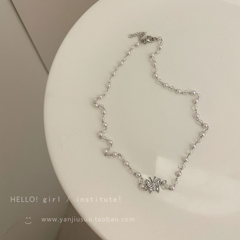 2021 baru Crystal Pearl Kalung kupu-kupu wanita musim panas niche desain sederhana temperamen kalung