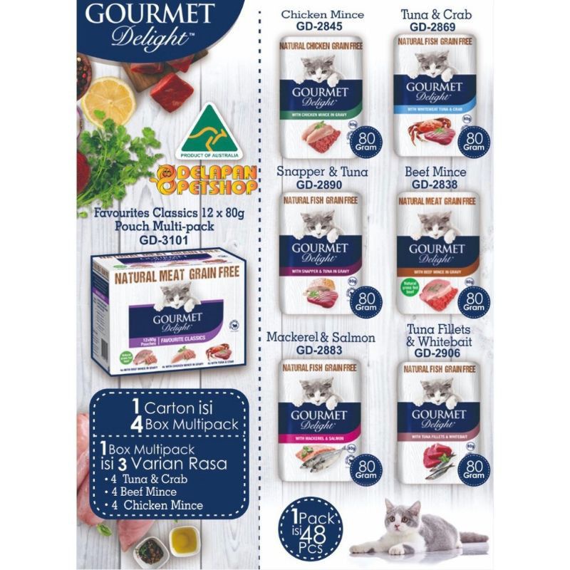 GOURMET DELIGH Mackerel tuna salmon chicken crab pouch 80gr makanan basah kucing GRAIN FREE