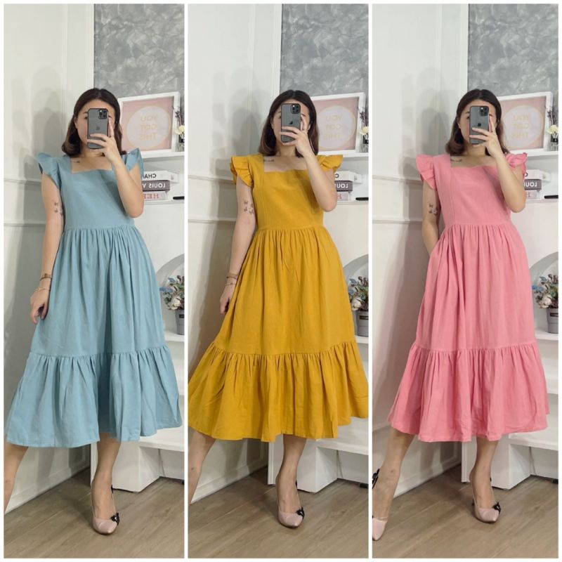 ⚡️ SALE ⚡️ PREMIUM ♡ ORIGINAL ! ALLECIA STABILO VINTAGE PLAIN RUFFLE LESS SLEEVE TRAP  MIDI LAYER DRESS