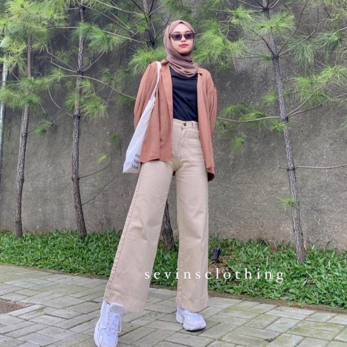 celana panjang highwaist jeans kulot wanita latte cream korea jumbo