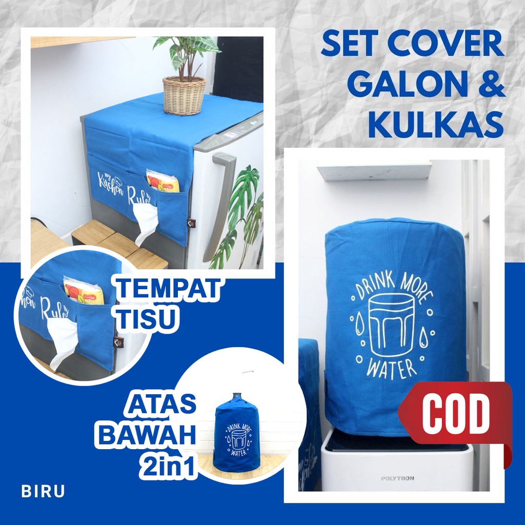 PAKET LEBIH MURAH - Cover Galon &amp; Cover Kulkas Warna Biru (Paket Polos-011)