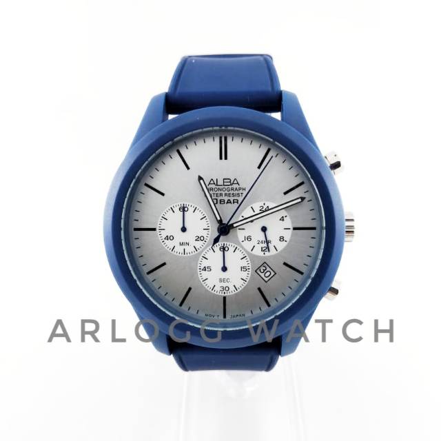 Jam Tangan Pria Alba Chronograph AT3G29X1 AT3G29 White Silver Dial Blue Rubber Strap