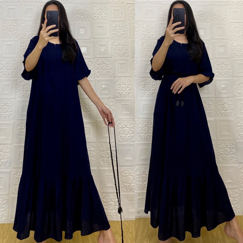 daster MONA tangan 3/4 PB 130cm /daster panjang rempel tangan 3/4  JUMBO premium sleting /busui/rempel tangan 3/4/ tangan pendek/ tali grosir ecer SEMATA KAKI RAYON-Mona navy tua