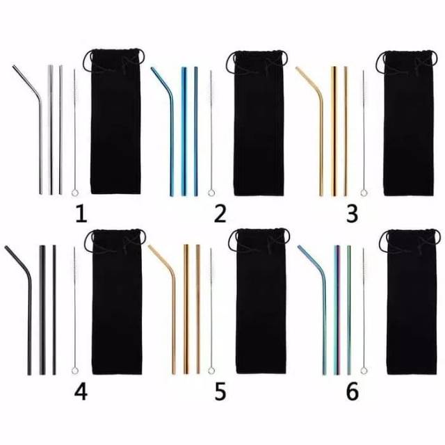 Sedotan Stainless Steell Straw Sedotan Metal Rainbow Set / 1 set isi 3pcs+sikat+pouch