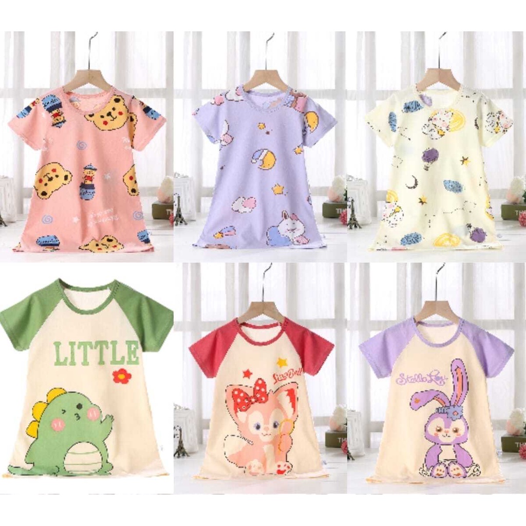 ( zwq ) DA006-008 Dress Anak 2-11 Tahun Piama Anak Perempuan, Dress Piyama, Dress Piama, Dress Baju Tidur Motif Karakter Lucu