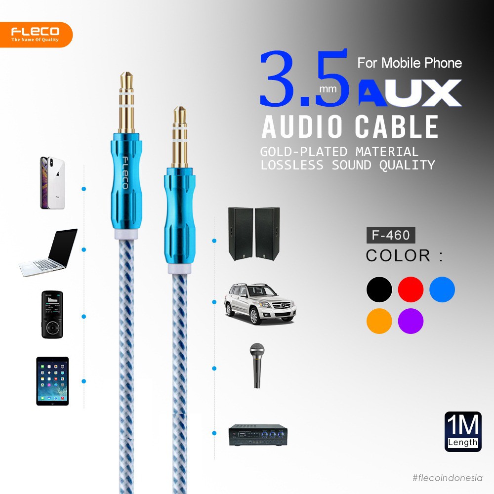 kabel aux audio Fleco F460 1 in 1 1x1 3.5mm metal 1M &amp; PREMIUM KABEL AUX F-450 JACK 3.5MM NEW