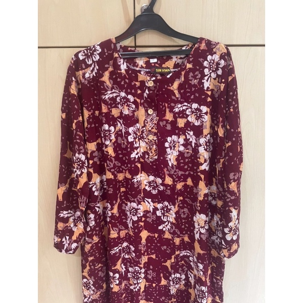 (BB048)Daster batik jumbo lengan panjang merk Sin Hwa warna merah bata bhn katun.