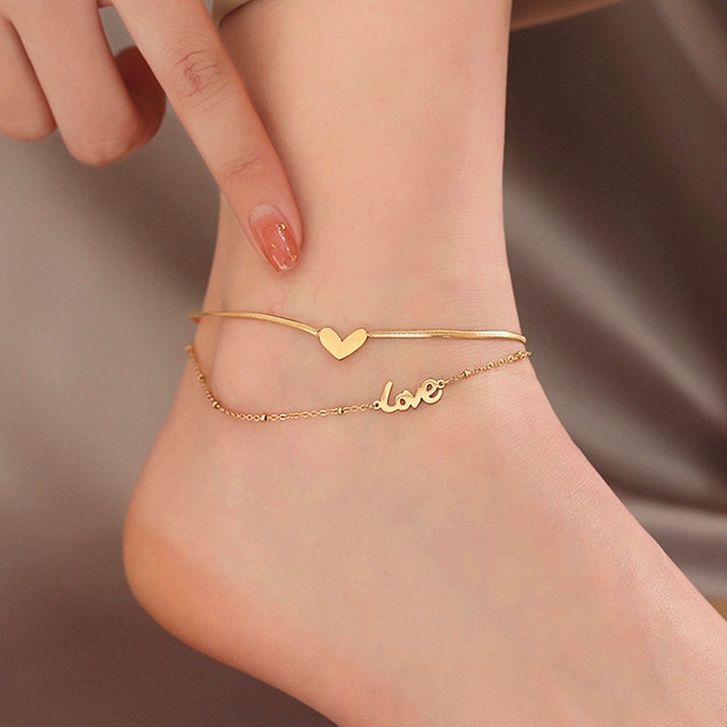 Gelang Kaki Titanium 2 Layer LOVE Huruf Hati Anti Karat Emas 18k Aksesoris Wanita Korea