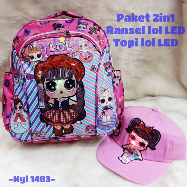 Tas Ransel Anak Perempuan LOL LED Musik + Topi Led /Tas Ransel Anak Set 2in1