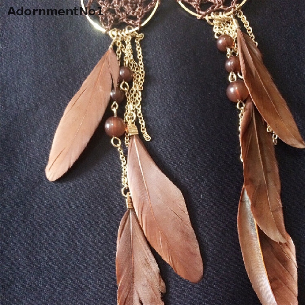 (AdornmentNo1) Anting Gantung Panjang Kait Gaya Etnik Bohemia Motif Dream Catcher Aksen Bulu + Manik-Manik Untuk Wanita