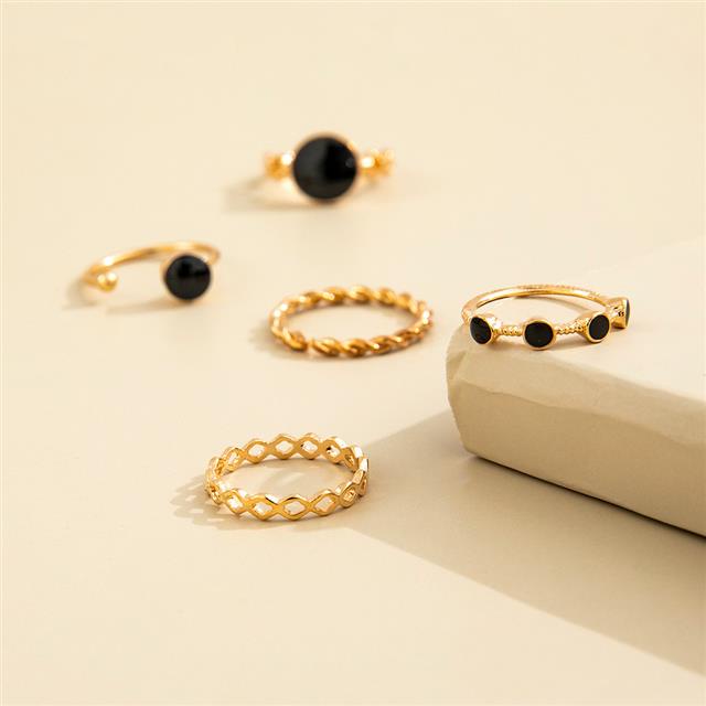 Bahasa Perancis retro geometris hitam bulat drip twist ring 5-piece set