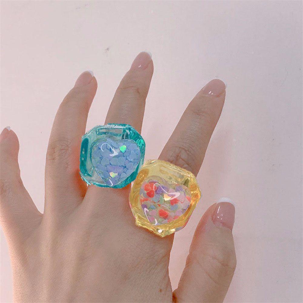 Mxbeauty Cincin Wanita Gadis Korea Cinta Hati Transparan Resin Akrilik Chunky Fashion Perhiasan