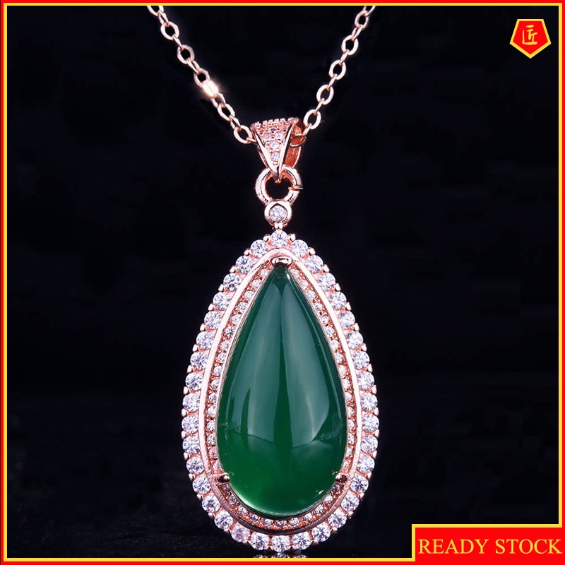 [Ready Stock]Micro-Inlaid Diamond Chalcedony Pendant 18K Rose Gold Necklace Women's Elegant Fashion