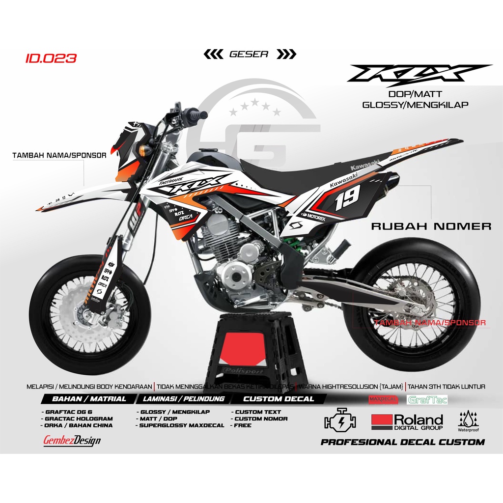 DECAL STICKER KLX 150 BF FULLBODY CROSS SUPERMOTO CUSTOM NAMA NOMER START ORANGE KEREN