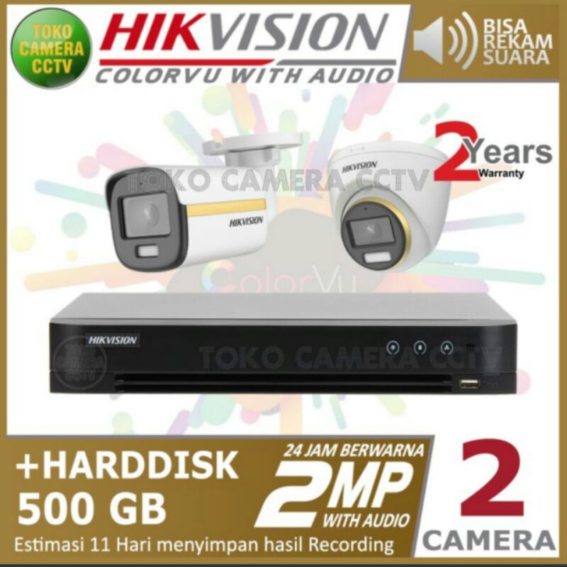 PAKET CCTV 2CAMERA HIKVISION 2MP COLORVU + AUDIO DVR 4CHANNEL HDD 500GB