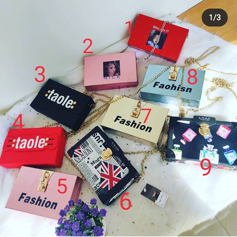 fashion tas selempang wanita kotak slingbag perempuan lucu tali rantai import murah