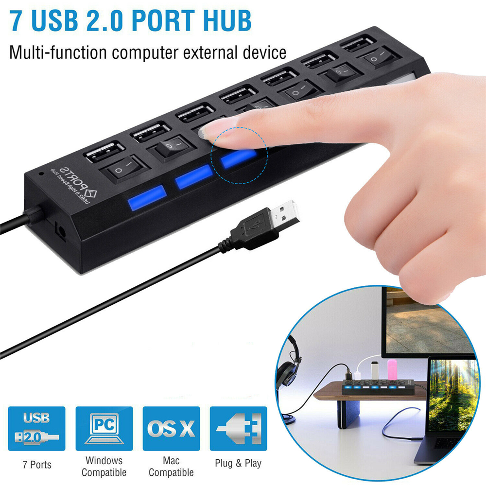 USB 2.0 HUB Multi USB Splitter 7 Port Expander Multiple USB Power Adapter with Switch For PC