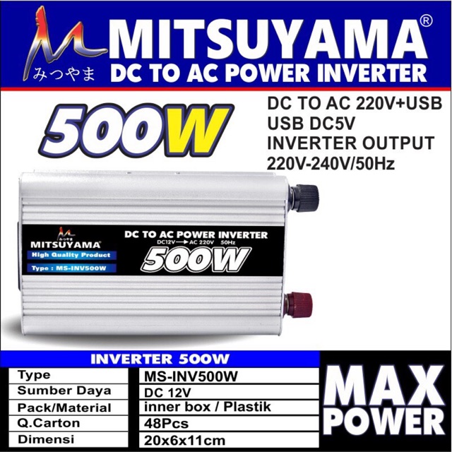 Power Inverter DC ke AC / Perubah Arus Aki 500Watt MS-INV500W Mitsuyama