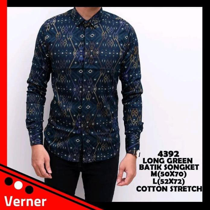 Batik Songket Pria Slim Fit 4392 - Kemeja Kerja Pria Slim Fit 4392 - Hijau, M Hot Promo
