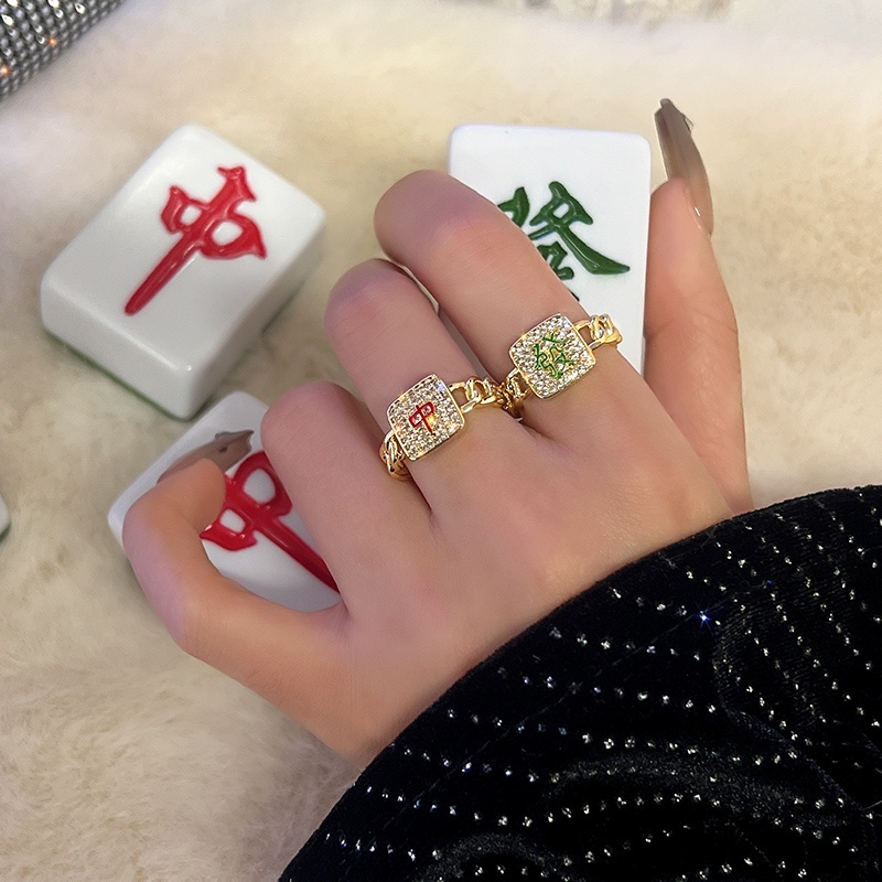 Cincin Jari Telunjuk Model Terbuka Dapat Disesuaikan Desain Mahjong Uang Merah Untuk Wanita