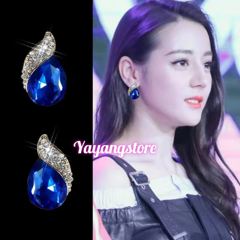 Anting korea - Anting Pesta batu Permata blue saphire biru dan merah mewah wanita import