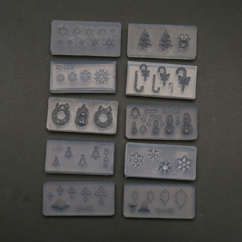 Glitter 10Pcs Christmas Theme Snowflake Snowman Nail Art Silicone Mold Kit Craft Tools