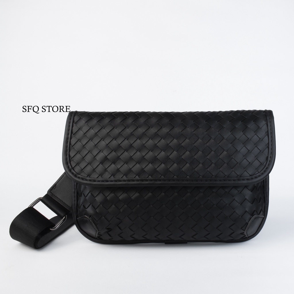 Tas Selempang Kulit Knitted Leather Black- Slingbag Zip Pocket Impor