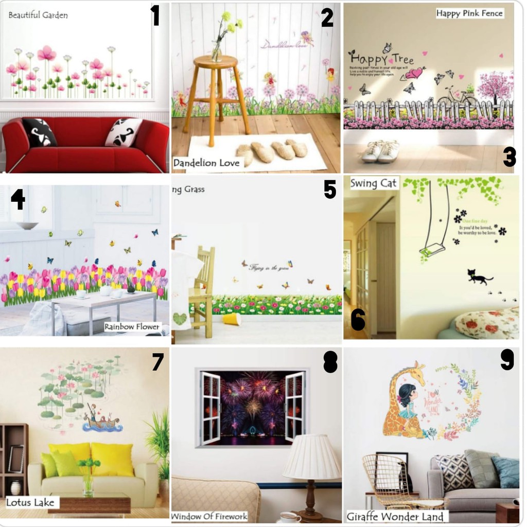 Wallsticker Dinding Sticker Ukuran 50x70 Motif Bunga Kupu dan Rumput