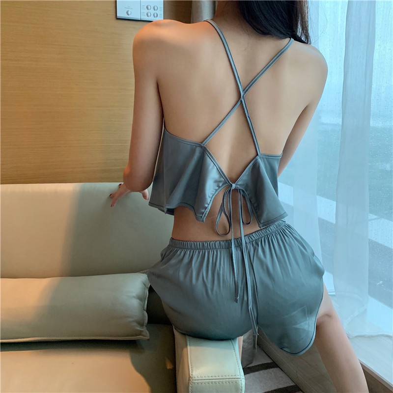 suhao Fashion Wanita Baru Seksi Punggung Terbuka Piyama Diikat Spaghetti Tali+Longgar Lebar Kaki Pen