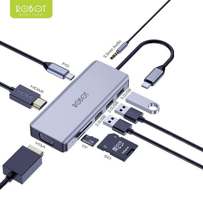 ROBOT HT390 Multiport 9in1 USB HUB Type C Adapter Lightweight &amp; Portable Garansi Resmi 1 Tahun