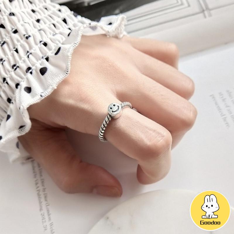 2 PCS Retro Smiley Cincin Wanita Fashion Kepribadian Pembukaan Cincin Dapat Disesuaikan -Doo