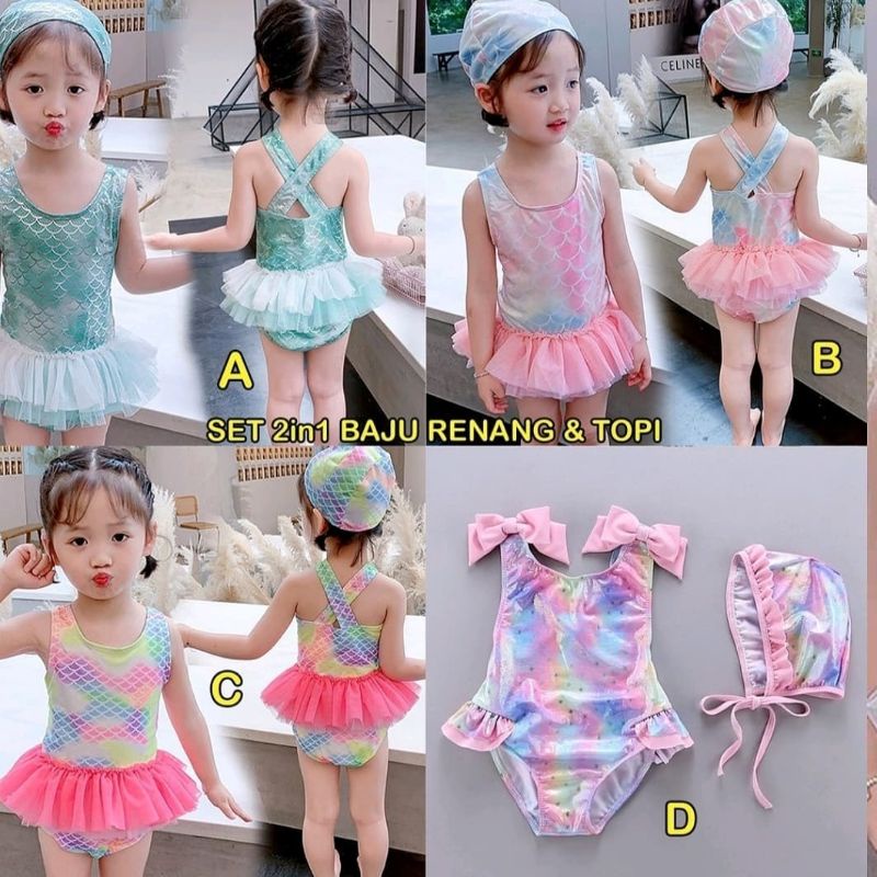 Baju Renang Anak Perempuan import 2 tahun - 8 tahun Dengan Topi setelan baju renang anak perempuan b