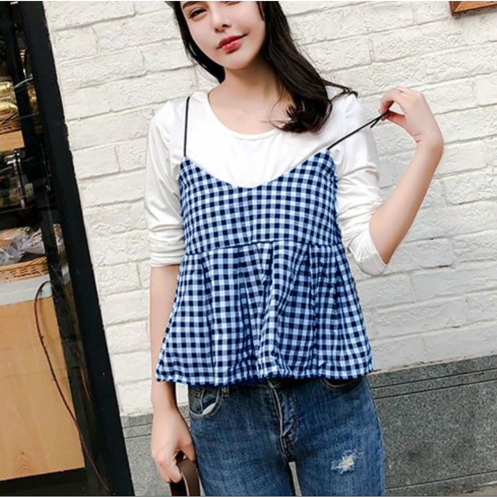 Tank top korea motif kotak bahan katun premium bahan adem 857