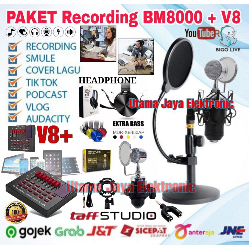 Paket Microphone BM800 Soundcard V8 Stand Meja Pop Filter Home Recording Terbaik