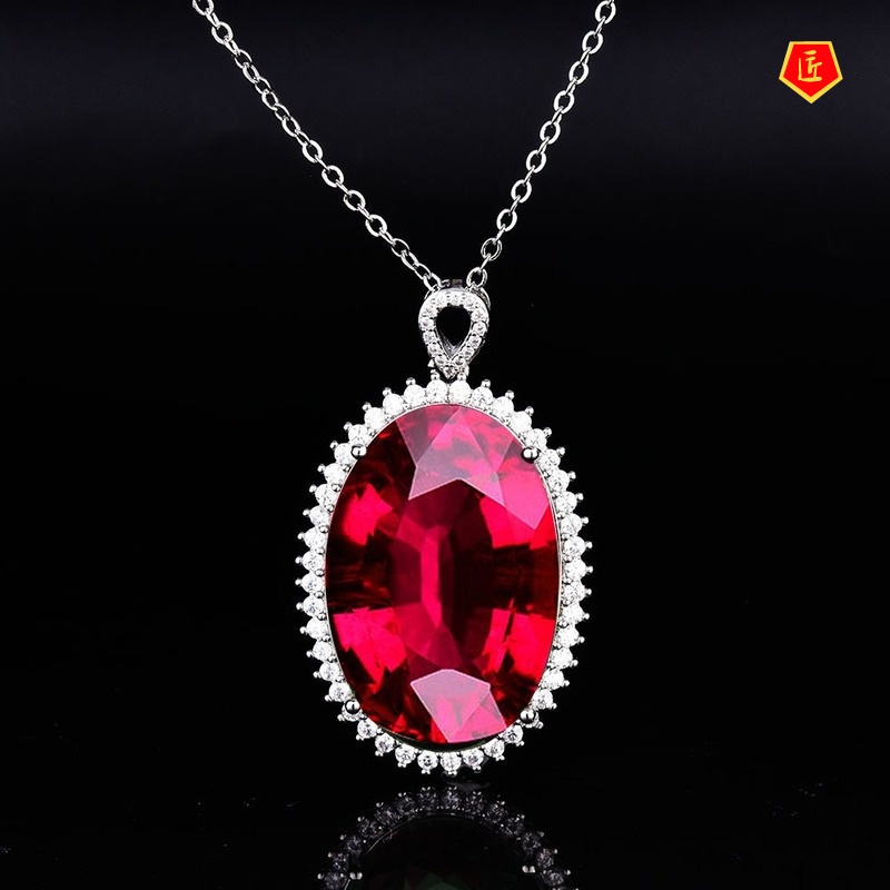 [Ready Stock]Colored Gems Watermelon Tourmaline Pendant Luxury Ruby Necklace for Women