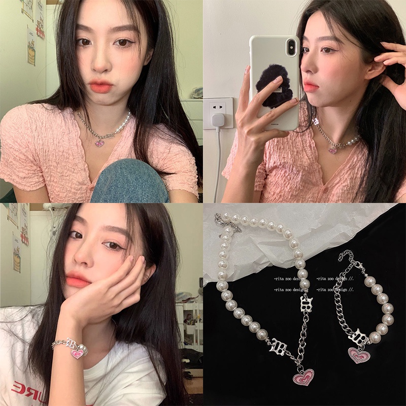 Y2K Fashion Girl Love Pearl Chain Bracelet Necklace Pink Love Heart Clavicle Chain