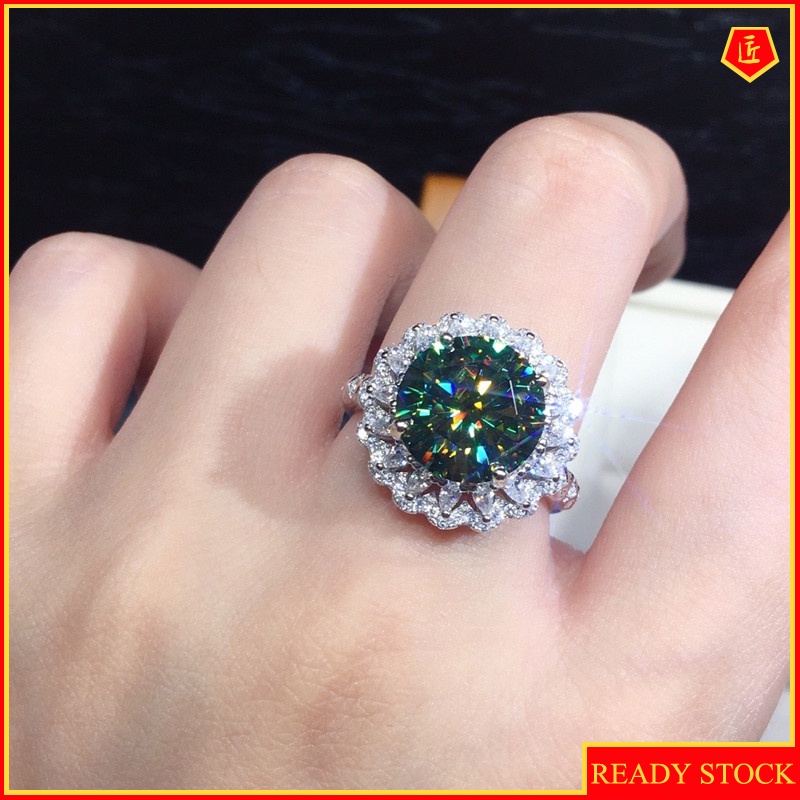 [Ready Stock]Inlaid Green Moissanite Ring Shiny Luxury