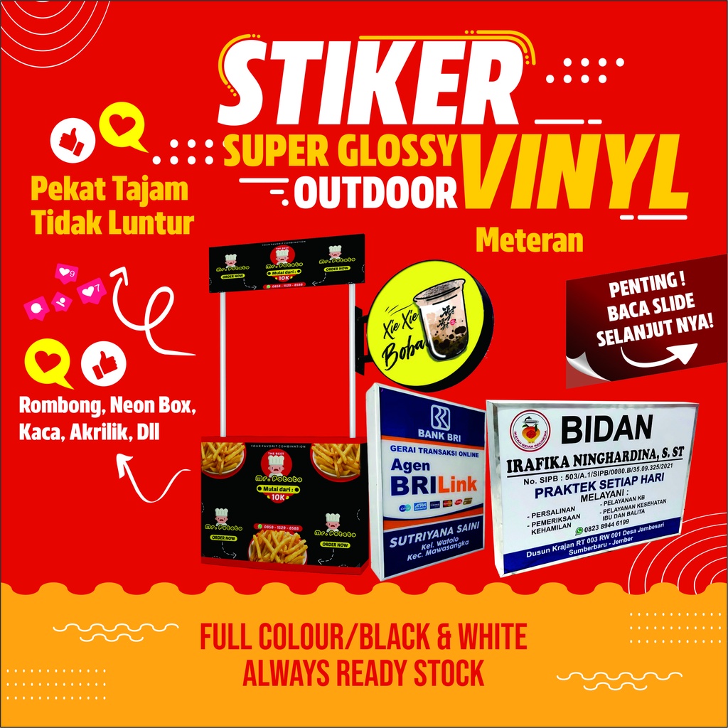 

CETAK PRINT STIKER VINYL ROMBONG, NEON BOX, DLL