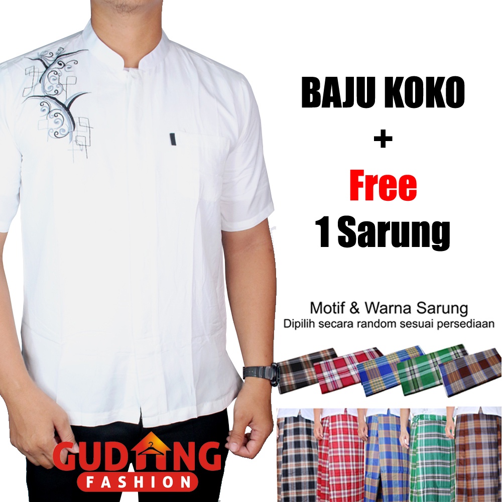 Kemeja Koko Putih Pria Lengan Pendek + Free Sarung