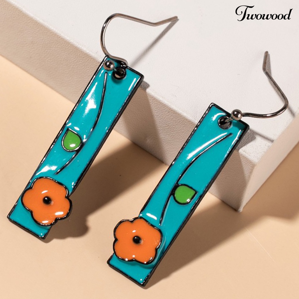 Twowood 1 Pair Women Earrings Painted Flower Jewelry All Match Rectangle Long Hook Earrings for Dating